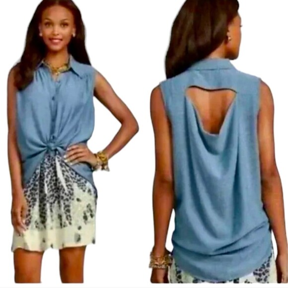 Cabi Top Tunic Blue Chambray Drape Open Back Hi Low Blouse Flowy Button‎ 387 S - Picture 13 of 13